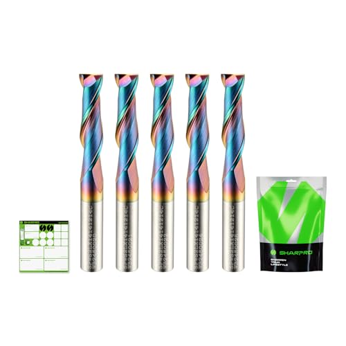 SHARPRO Spiralfräser-Bit-Set, 1/4-Zoll-Schaft, 1/4-Zoll-Schnittdurchmesser, 2-1/4-Zoll-OVL, Hartmetall-Upcut-CNC-Fräser-Bits, ideal für Holzgravur und Tauchanwendungen (5 Stück) von SHARPRO