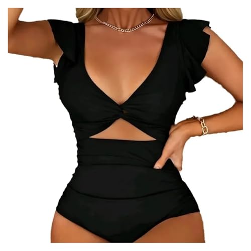 SHBHWS Einteiliger Badeanzug mit kontrastierendem Netzstoff, V-Ausschnitt, einfarbig, rückenfrei, Bauchkontrolle, hoher Schnitt, Badebekleidung und Kleidung for Damen(Black,S) von SHBHWS