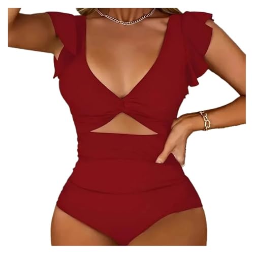 SHBHWS Einteiliger Badeanzug mit kontrastierendem Netzstoff, V-Ausschnitt, einfarbig, rückenfrei, Bauchkontrolle, hoher Schnitt, Badebekleidung und Kleidung for Damen(Red2,M) von SHBHWS
