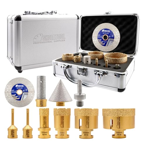 SHDIATOOL Diamantbohrer Set für Fliesen, Keramik Granit Marmor | M14 Gewinde | 6-68mm Diamant Fasenbohrer 20mm Fingerbohrer 115mm Trennscheibe, Dreikantschaft Adapter für Präzises Bohren und Schneiden SHDIATOOL Diamantbohrer Set für Fliesen, Keramik Granit Marmor | M14 Gewinde | 6-68mm Diamant Fasenbohrer 20mm Fingerbohrer 115mm Trennscheibe, Dreikantschaft Adapter für Präzises Bohren und Schneiden von SHDIATOOL