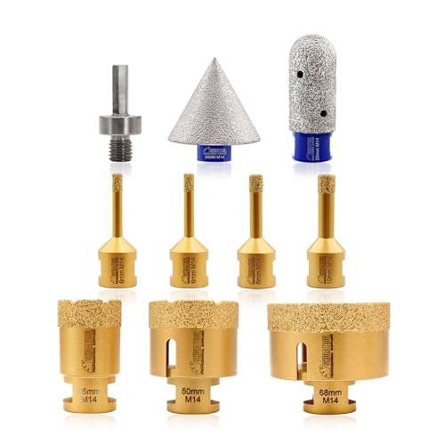 SHDIATOOL Diamant Bohrrone Fliesenbohrer Set - 10Stück(6/6/8/10/35/50/68MM Bohrer/50MM Fasenbohrer/25MM Fingerbohrer/Sechskant-Schaftadapter) mit M14 Gewinde für Porzellan Fliesen Keramik Granit von SHDIATOOL
