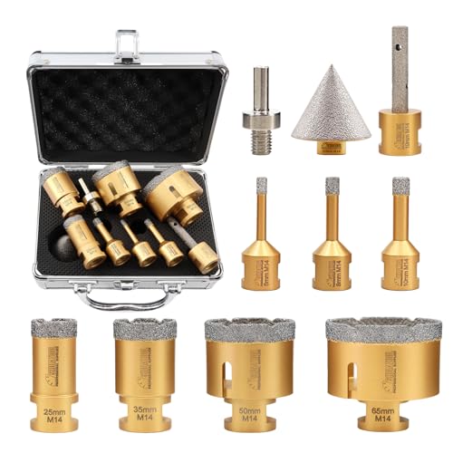 SHDIATOOL Diamant Bohrrone Fliesenbohrer Set - 10Stück (6/8/10/25/35/50/65mm Bohrer/10mm Fingerbohrer/50mm Fasenbohrer/Sechskant-Schaftadapter) für Porzellan, Keramik, Granit von SHDIATOOL