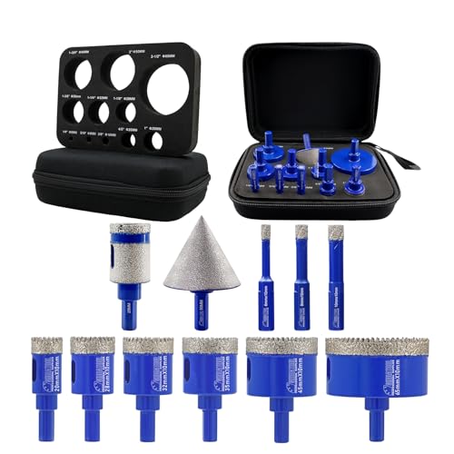 SHDIATOOL Diamant Bohrrone Fliesenbohrer Set - 11Stück(6/8/10/20/28/32/35/45/65mm Bohrer mit Dreikant-Schaft/25mm Bohrer Fingerbohrer/50mm Fasenbohrer) für Porzellan Fliesen Keramik Granit Marmor von SHDIATOOL
