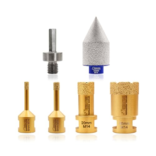 SHDIATOOL Diamant Bohrrone Fliesenbohrer Set - 6Stück(6/8/20/35MM Diamant-Bohrer/2-35MM Fasenbohrer/Sechskant-Schaftadapter) mit M14-Gewinde für Porzellan, Keramik, Granit von SHDIATOOL