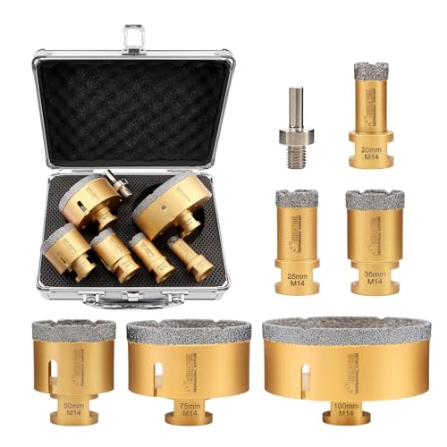 SHDIATOOL Diamant Bohrrone Fliesenbohrer Set - 7Stück(20/25/35/50/75/100mm Bohrer/Sechskant-Schaftadapter) für Porzellan Fliesen Keramik Granit Marmor von SHDIATOOL