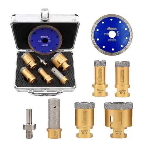 SHDIATOOL Diamant Bohrrone Fliesenbohrer Set - 7Stück(20/25/35/50mm Bohrer/20mm Fingerbohrer/125mm Trennscheibe/Sechskant-Schaftadapter) für Porzellan Fliesen Keramik Granit von SHDIATOOL