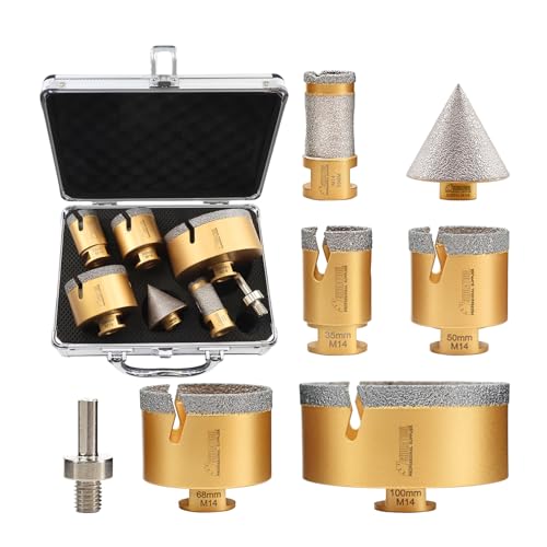 SHDIATOOL Diamant Bohrrone Fliesenbohrer Set - 7Stück(35/50/68/100mm Bohrer/25mm Bohrer Fingerbohrer/50mm Fasenbohrer/Sechskant-Schaftadapter) für Porzellan Fliesen Keramik Granit von SHDIATOOL