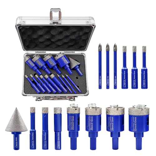 SHDIATOOL Diamant Fliesenbohrer Set Diamantbohrer 14 Stück (10 Stück 6/6/6/8/10/12/20/25/28/32mm/35mm Fasenbohrer/3 Stück 6mm Hartmetallbohrer) für Keramik, Porzellan, Marmor, Granit und Quarz von SHDIATOOL