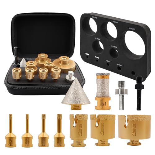 SHDIATOOL Diamant Kernbohrer Set 10pcs (6/6/8/10/35/50/68MM+25mm Fingerfräser+50mm Fasenfräser+Hex/SDS) Lochsägenset Fliesenbohrer Bits für Porzellan, Keramik, Marmor, Granit M14 Gewinde von SHDIATOOL