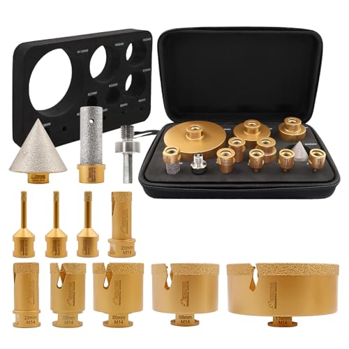 SHDIATOOL Diamantbohrer Fliesenbohrer Set 12pcs (6/6/8/20/25/35/50/68/110+20mm Fingerfräser+50mm Fasenfräser+Hex) Lochsägenset Fliesenbohrer Bits für Porzellan, Keramik, Marmor, M14 Gewinde von SHDIATOOL