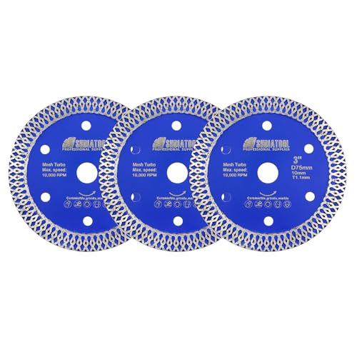 SHDIATOOL Fliesen Diamanttrennscheibe 75mm Trennscheibe für Fliesen Porzellan Keramik Marmor Granit Bohrung 10mm auf Winkelschleifer(3er-Pack) von SHDIATOOL