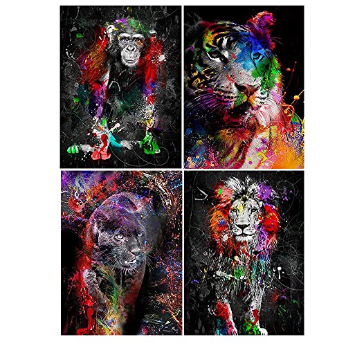SHEGZHUC 4er Set Diamond Painting Tiger, Löwe, Leopard, Affe - Runde Diamanten, Mehrfach-Werkzeug, HD-Leinwand, Erwachsene & Kinder von SHEGZHUC