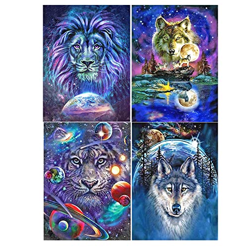 DIY Diamond Painting 4er Set 40x50 cm Diamond Painting Tiger in The Universum Diamant Painting Wolf in Starry Sky Malen nach Zahlen L?we Weltraum Cross Stickerei Malerei Kits Diamant Mosaik Planet von SHEGZHUC