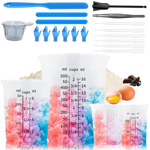 SHEGZHUC 31er Set Messbecher Set 4 Stück Silikon Messbecher Wabenmessbecher Measuring Cups mit Skala 120ml/250ml/500ml (ML/CUPS/OZ) Rührstäbchen Messbecher Küche Rührbecher Mischbecher Epoxidharz von SHEGZHUC