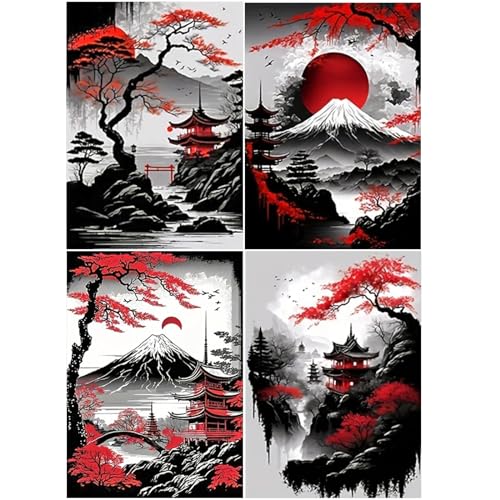 SHEGZHUC 30x40cm 4 Pack Diamond Painting Berge Landschaft Seen Rote Landschaft Mond Brücke Dachboden Diamond Painting Japan Landschaft Abstrakt Diamant Malerei Stickerei Wanddekoration Berg Fuji von SHEGZHUC