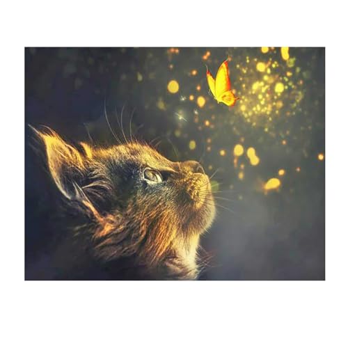 SHEGZHUC 50x40cm Diamond Painting Katze Schmetterling Diamond Painting Eckige Steine Bild Katze Schmetterling Fluoreszierend Tiere Diamant Malerei Kunst Stickerei Kreuzstich Geschenk Wanddekoration von SHEGZHUC