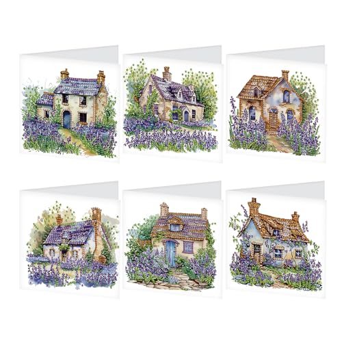 SHEGZHUC 6er Diamond Painting Grußkarten Set Haus Lila, Karten Ländliches Haus mit Umschlägen, Geburtstagskarte Dankeskarte Segensgrußkarte Feiertagskarten, Geschenk für alle Altersgruppen geeignet von SHEGZHUC