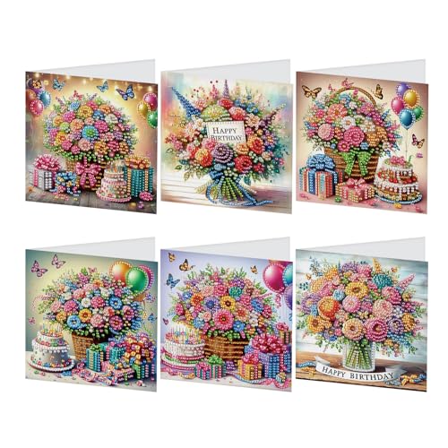 SHEGZHUC 6er Set Diamond Painting Grußkarten Set Blumen Bunt Kuchen Diamond Painting Karten Geburtstagskarte Dankeskarte Segensgrußkarte Feiertagskarten Stickerei Kreuzstich Diamant Malerei Geschenk von SHEGZHUC