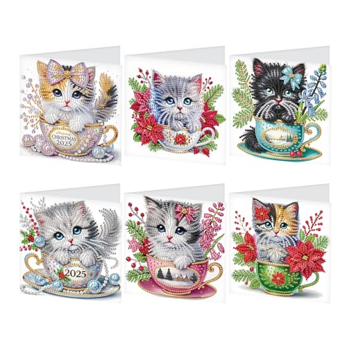 SHEGZHUC 6er Set Diamond Painting Grußkarten Set Diamond Painting Karten Katze in der Tasse Geburtstagskarte Dankeskarte Segensgrußkarte Feiertagskarten Stickerei Kreuzstich Diamant Malerei Geschenk von SHEGZHUC
