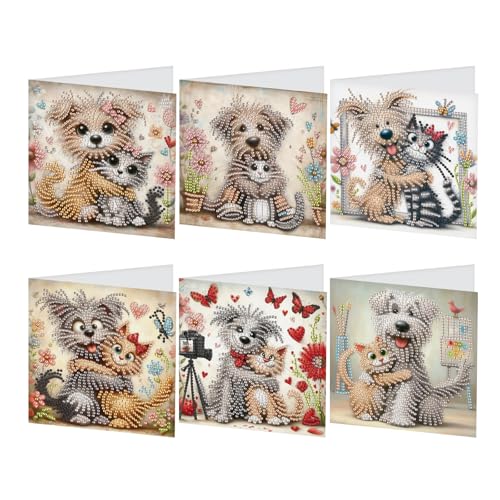 SHEGZHUC 6er Set Diamond Painting Grußkarten Set Katze und Hund Diamond Painting Karten Geburtstagskarte Dankeskarte Segensgrußkarte Feiertagskarten Stickerei Kreuzstich Diamant Malerei Geschenk von SHEGZHUC