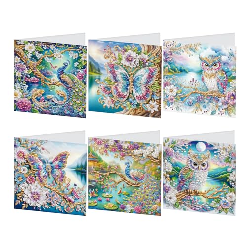 SHEGZHUC 6er Set Diamond Painting Grußkarten Set Schmetterling Pfau Eulen Diamond Painting Karten Tiere Geburtstagskarte Dankeskarte Segensgrußkarte Feiertagskarten Stickerei Diamant Malerei Geschenk von SHEGZHUC