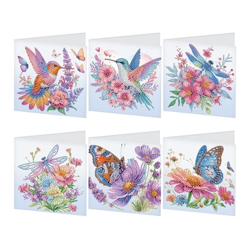 SHEGZHUC 6er Set Diamond Painting Grußkarten Set Vogel Kolibri Libelle Schmetterling Diamond Painting Karten Geburtstagskarte Dankeskarte Segensgrußkarte Feiertagskarten Diamant Malerei Geschenk von SHEGZHUC