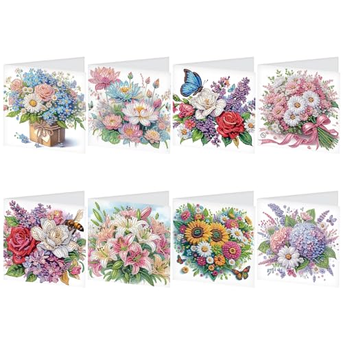 SHEGZHUC 8er Set Diamond Painting Grußkarten Set Blumen Blumenstrauß Diamond Painting Karten Geburtstagskarte Dankeskarte Segensgrußkarte Feiertagskarten Stickerei Kreuzstich Diamant Malerei Geschenk von SHEGZHUC