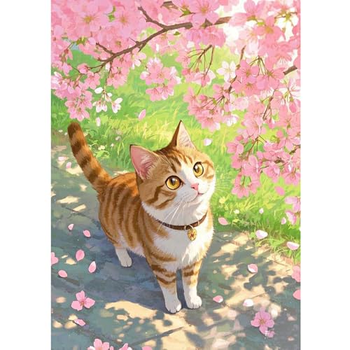 SHEGZHUC Diamond Painting Erwachsene Katze Kirschblüten, 30x40cm Diamant Malerei Bilder Tiere Katzen, Mosaik Stickerei Kreuzstich Kunst Geschenk, Wanddekoration für Schlafzimmer Wohnzimmer von SHEGZHUC