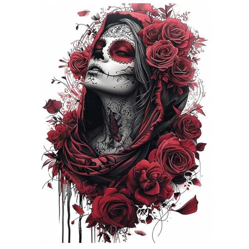 SHEGZHUC Diamond Painting Gothic Frau 30x40cm Totenkopf Frau Skull Rote Rose Diamond Painting Horror Mosaik Diamant Malerei Kunst Stickerei Kreuzstich Bilder Geschenk Wanddekoration von SHEGZHUC