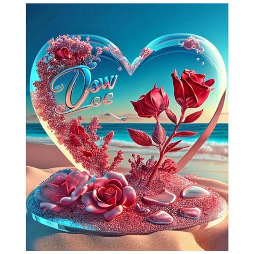 SHEGZHUC Diamond Painting Herz Love am Strand 30x40cm Diamond Painting Rote Rosen Diamond Painting Landschaft Meer Blumen Diamant Malerei Kunst Stickerei Kreuzstich Bilder Geschenk Wanddekoration von SHEGZHUC
