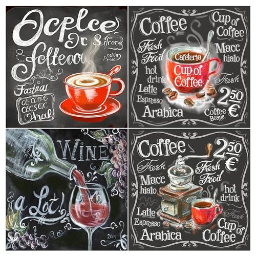 SHEGZHUC Diamond Painting Kaffee 4er Set 30x30cm Kaffee Bilder Für die Küche 5D Diamant Painting Kaffee Diamond Painting Weinflasche Diamant Painting Bilder Erwachsene Schwarz Weiss Kaffee von SHEGZHUC