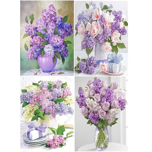 SHEGZHUC Diamond Painting Lila Blumen 4er Set 30x40cm Diamond Painting Blume Flieder Malen nach Zahlen Flieder Diamant Painting Bilder Erwachsene Rosen Diamond Painting Blumenstrauß in Vase Stickerei von SHEGZHUC