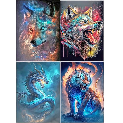 SHEGZHUC Diamond Painting Tiere 4er Set 30x40cm Diamond Painting Flammen Tiger Wolf Drache Malen nach Zahlen 5D Diamant Painting Tiger Drache Wolf Diamond Painting Erwachsene Tiere Bunt Perlen Bilder von SHEGZHUC