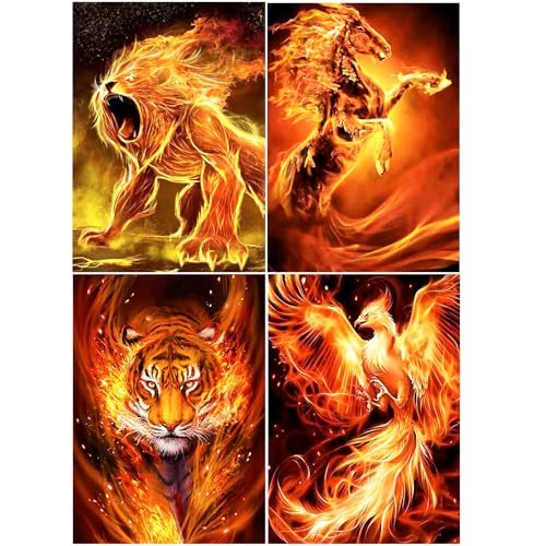 SHEGZHUC Diamond Painting Tiere Flammen 4er Set 30x40cm Diamond Painting Flammen Löwe Pferd Tiger Phönix 5D Diamant Painting Malen nach Zahlen Löwen Pferde Tiger Phönix Feuer Craft Buddy Crystal Art von SHEGZHUC