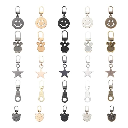 SHENGYIG 25 Stück Reissverschluss Anhänger, Zinklegierung Zipper für Reißverschluss, Abnehmbare Reißverschluss Zipper Ersatz, Fünf Stile und Farben, für Kleidung, Rucksäcke, Stiefel von SHENGYIG