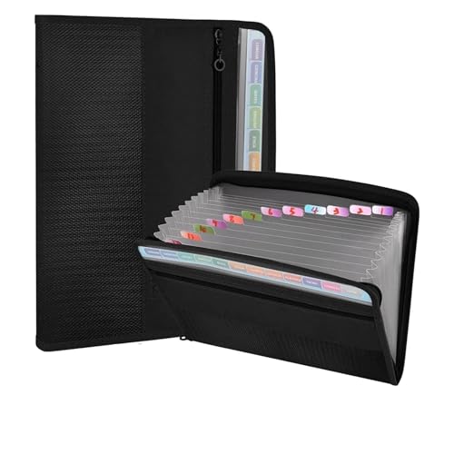 Erweiterbare Aktenordner Akkordeon-Aktenordner mit sicherem Reißverschluss, 13 Taschen, erweiterbarer Aktenordner mit Federmäppchen vorne, Schulbürobedarf(Black) von SHENJMAI
