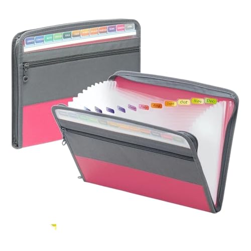 Erweiterbare Aktenordner Akkordeon-Aktenordner mit sicherem Reißverschluss, 13 Taschen, erweiterbarer Aktenordner mit Federmäppchen vorne, Schulbürobedarf(Pink) von SHENJMAI