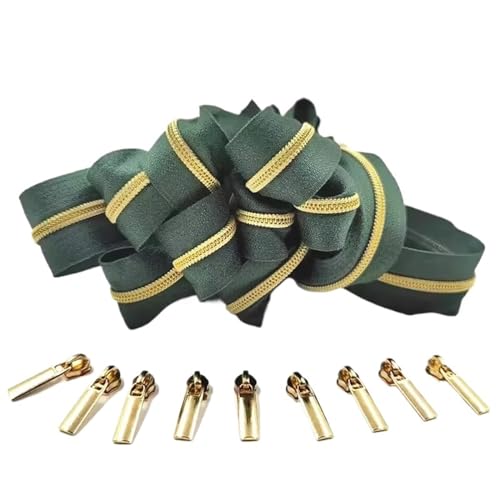 SHENJMAI Reißverschluss 5 Meter goldene Silberne Zahnreißverschlussrollen mit 10 Stück Reißverschlussschiebern for maßgeschneiderte Nähzubehör(Olive Green) von SHENJMAI