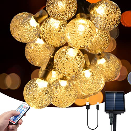 SHENKEY Solar Lichterkette, 60 LED Kugel-Lichterkette mit Fernbedienung, Solar-/USB-betrieben, wasserdicht für Garten, Innen- und Außendekorationen (Warmweiß) von SHENKEY