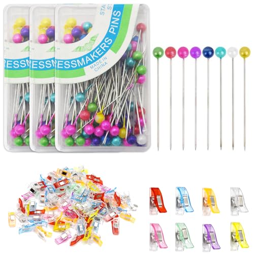 SHENSAIGO 300 Stück Stecknadeln mit Kopf, 35mm Mehrfarbig Plastikopfnadeln, Plastikopf Stecknadeln Metall mit 50 Nähklammern, Sewing Pins Nähzubehör für Quilten Säumen Jewelry Komponenten Dekoration von SHENSAIGO
