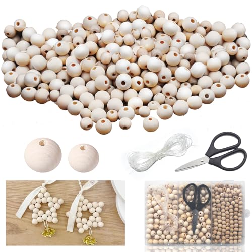 SHENSAIGO 400 Stück Holzperlen Set,Holzperlen zum Auffädeln mit Aufbewahrungskiste, Holzkugeln mit Loch 8mm,10mm, Rund Holzperlen Natur Unbehandelte, Perlen Holz für DIY Schmuck Deko Makramee Handwerk von SHENSAIGO