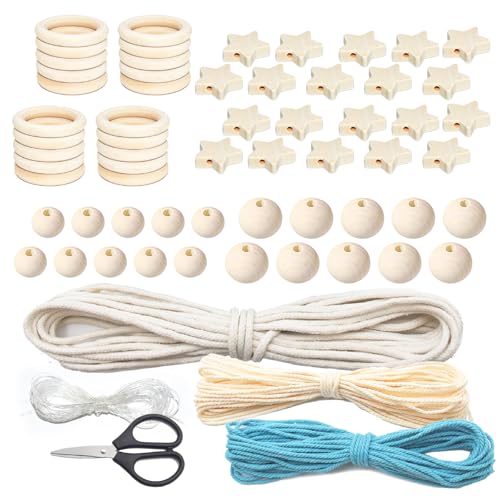 SHENSAIGO 65 Stück Holzringe zum Basteln Set, Natur Holzring Enthält Runde Sternförmige Holzperlen, Holzringe Makramee Zubehör mit Bastelseil, 50mm Gardinenringe Holz für DIY Handwerk Makramee Schmuck von SHENSAIGO