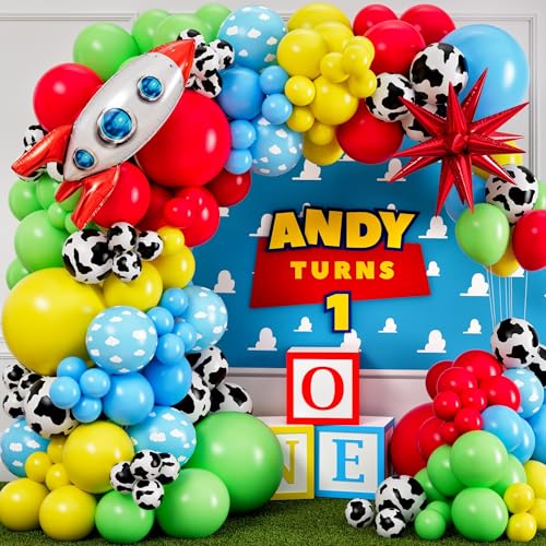 All-in-1 Spielzeug-inspiriertes Geschichten-Ballonbogen-Set mit Bonus-Rocketship & Starburst-Ballons – Spielzeugballons mit Wolke und Kuh für Jungen, Babyparty-Dekorationen und erste von SHERYL DECOR