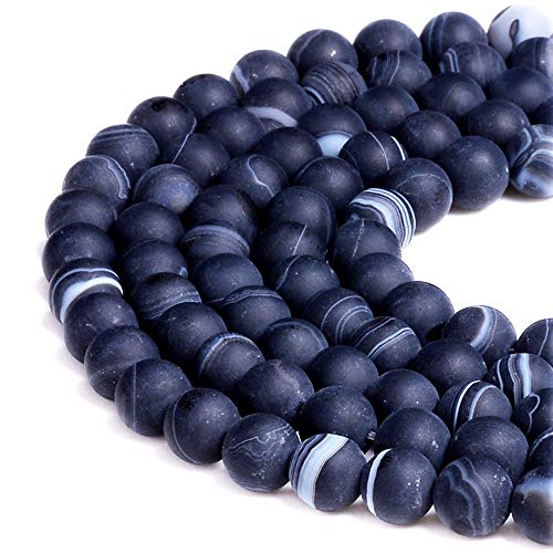 Natürliche Edelsteine, lose Perlen, glatt, rund, ca. 38,1 cm, DIY-Armband, Halskette zur Schmuckherstellung (10 mm, mattschwarzer Streifenachat) von SHFJASBNUMG