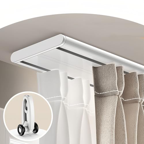 SHGUOMSC Hochleistungs-Vorhangschienensystem, Deckenmontage, Doppelte Deckenvorhangschienen for Wohnzimmer, Schlafzimmer, Küche und mehr, Schiebevorhangschiene(White,5.2ft/160cm) von SHGUOMSC