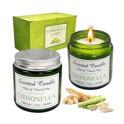 SHGarden Citronella Kerze Outdoor 2 Stück Citronella Kerzen im Glas Zitronenkerze mit Deckel Natürliches Sojawachs und Citronen Öl Outdoor Kerzen Set für Garten, Camping, Reisen & mehr SH001 von SHGarden