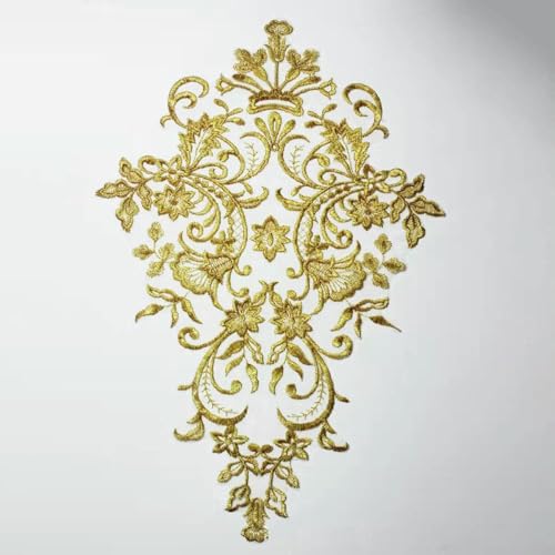 1 Stück Weißgold-Patch-Applikationen, Stickerei, Spitzenbesatz, Stoff, Nähen, Patchwork, DIY-Handwerk, 42 x 27 cm, Gold von SHHEG