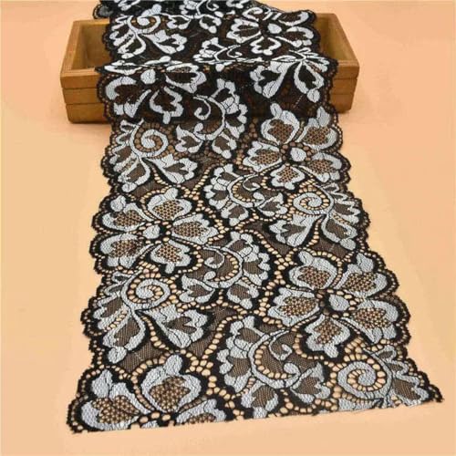 1 Yard elastisches Stretch-Spitzenband, 18 cm breit, Baumwolle, weißer Rand, bestickt, nigerianischer afrikanischer Spitzenstoff zum Nähen, Schwarz-Weiß, 1 Yard von SHHEG