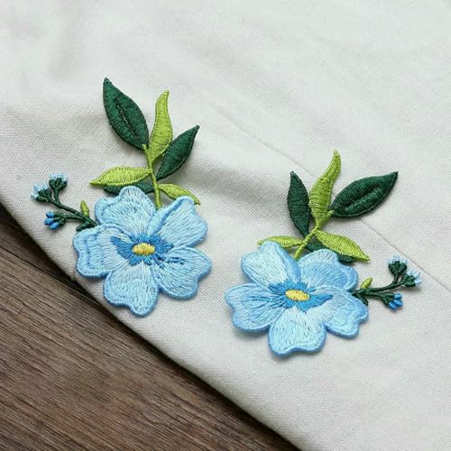 2 Stück Blumen-Stickerei-Patch für Kleidung, DIY, handgenähte Patches, dekoratives Zubehör für Kleidungstaschen, Blau von SHHEG
