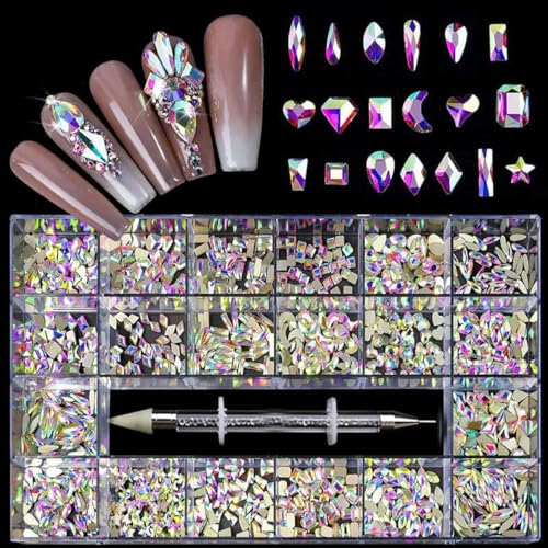 21/24 Raster Luxus Strass Nail Art Schmuckset Glasnagelkristalle Box 3D Flachglas geformte Nagelsteine-AB 500 Stück von SHHEG